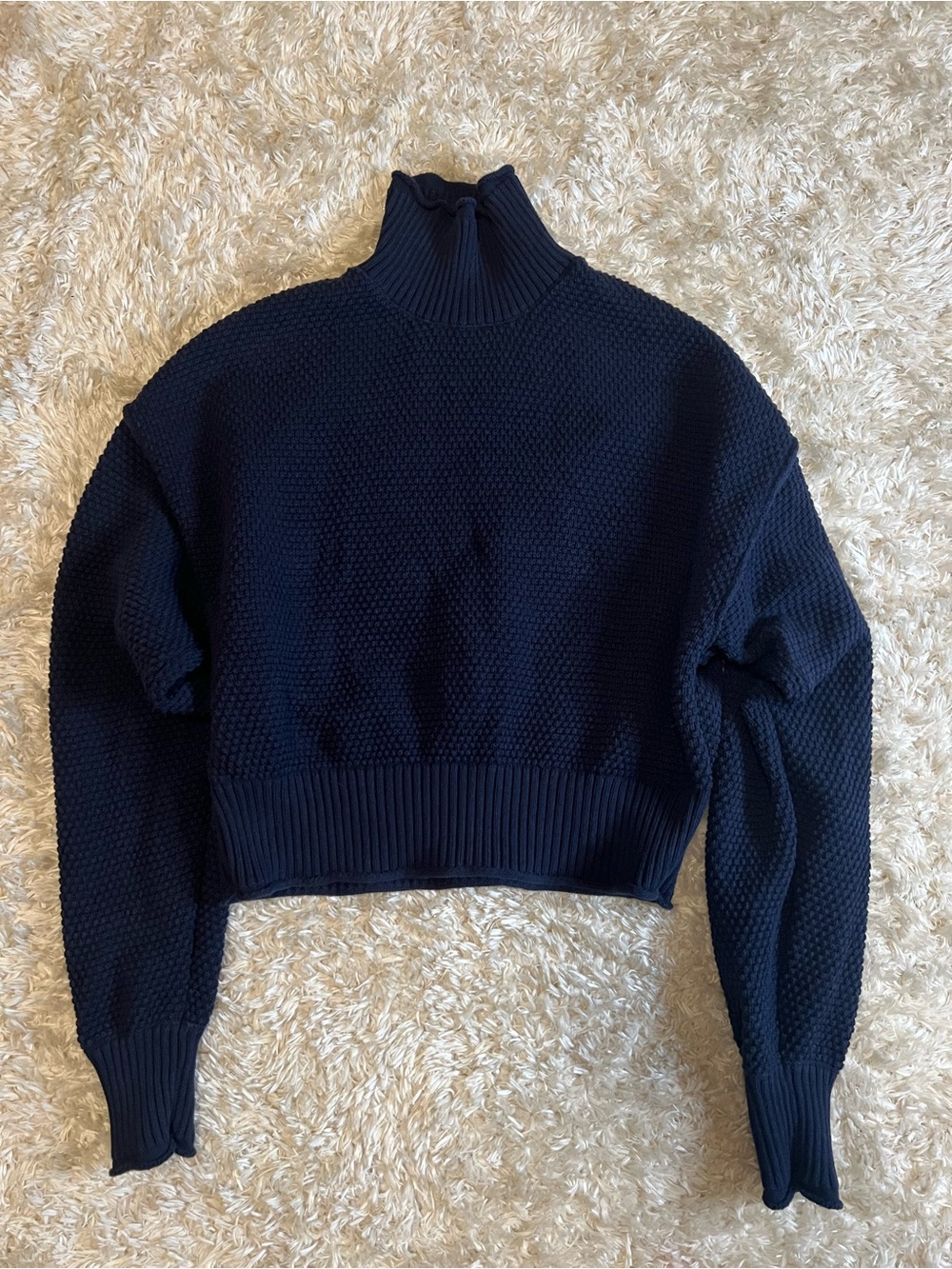 Free People FP Beach Navy Textured Turtleneck Sweater 100% Cotton Women’s Sz XS
